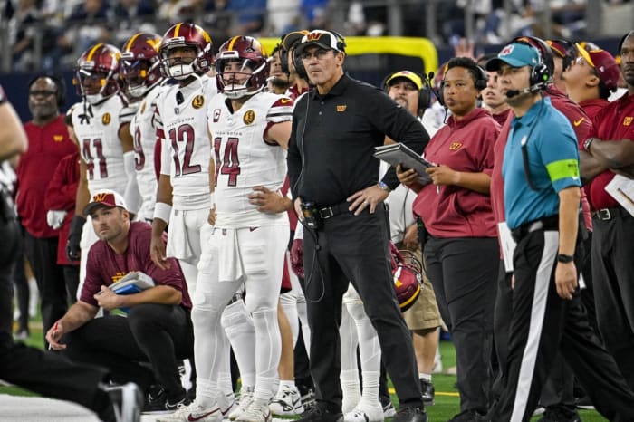 Washington Commanders head coach Ron Rivera during the second quarter of the game between the Dallas Cowboys and the Washington Commanders at AT&T Stadium.